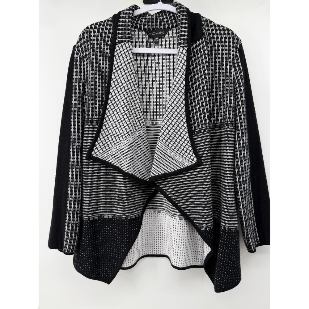 Ming Wang Black White Geometric Draped Open Front Knit Cardigan PXS